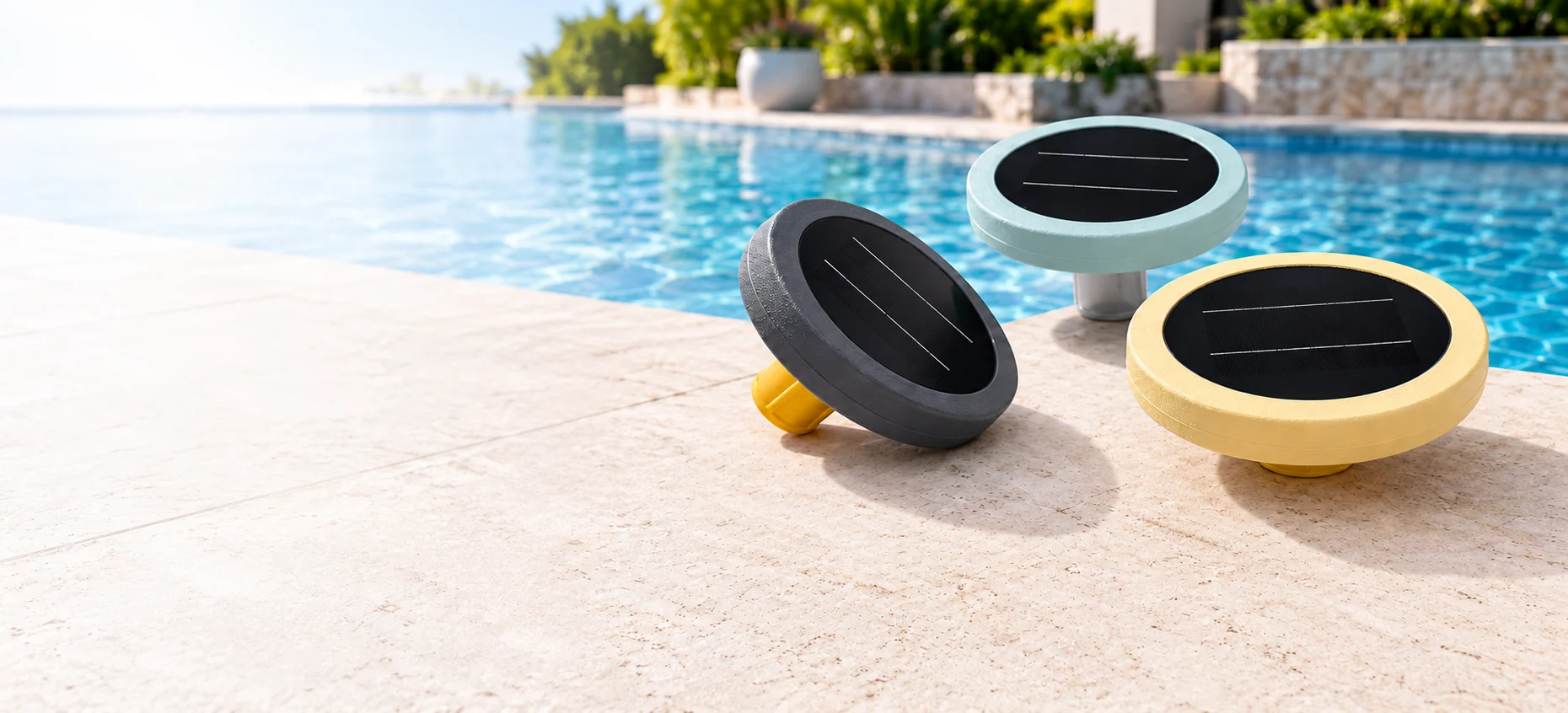 Tres ionizadores solares MARAZUAL en gris, azul claro y amarillo claro junto a una piscina