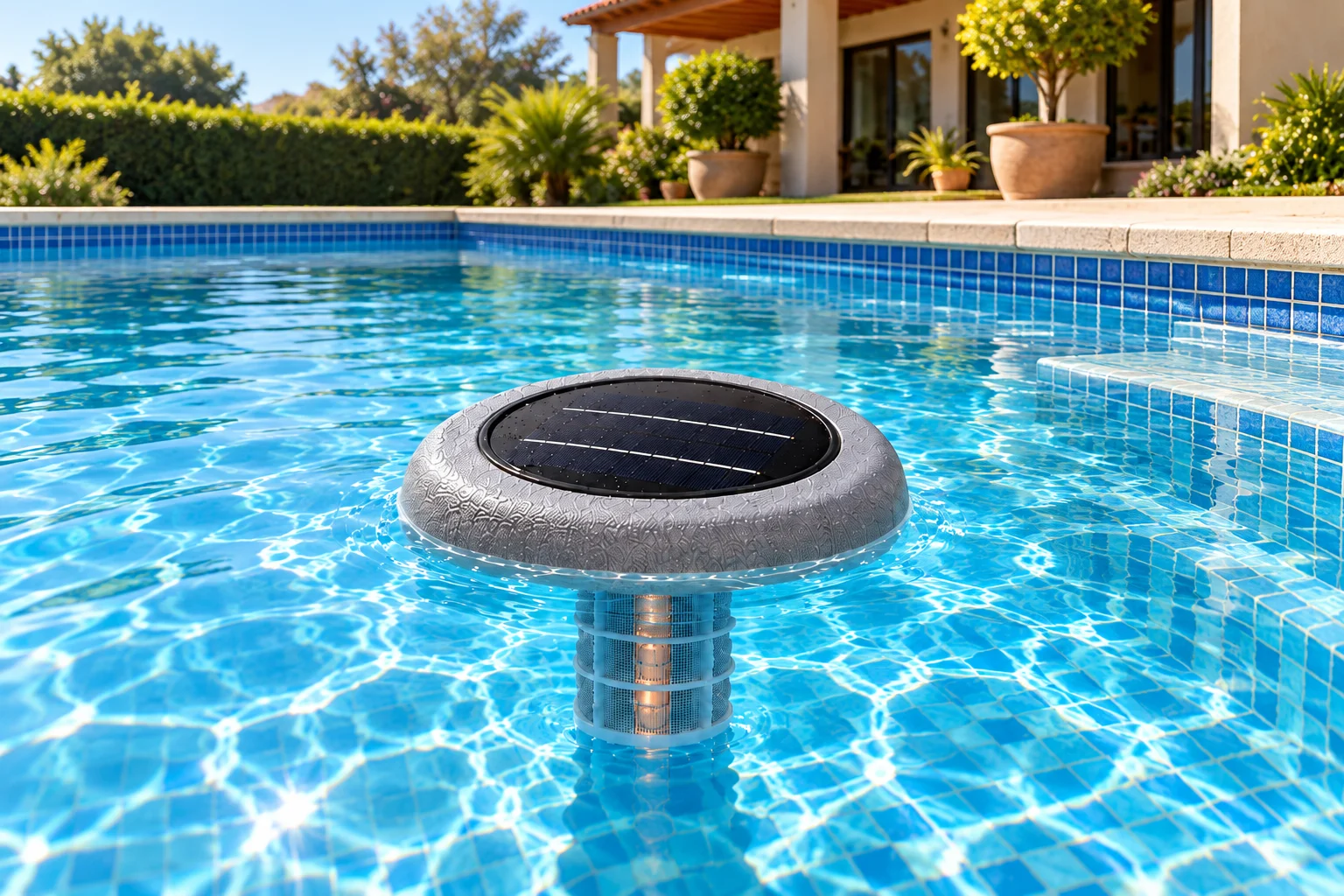 Ionizador solar Marazual gris flotando en una piscina de hormigón con revestimiento de mosaico y escalones.