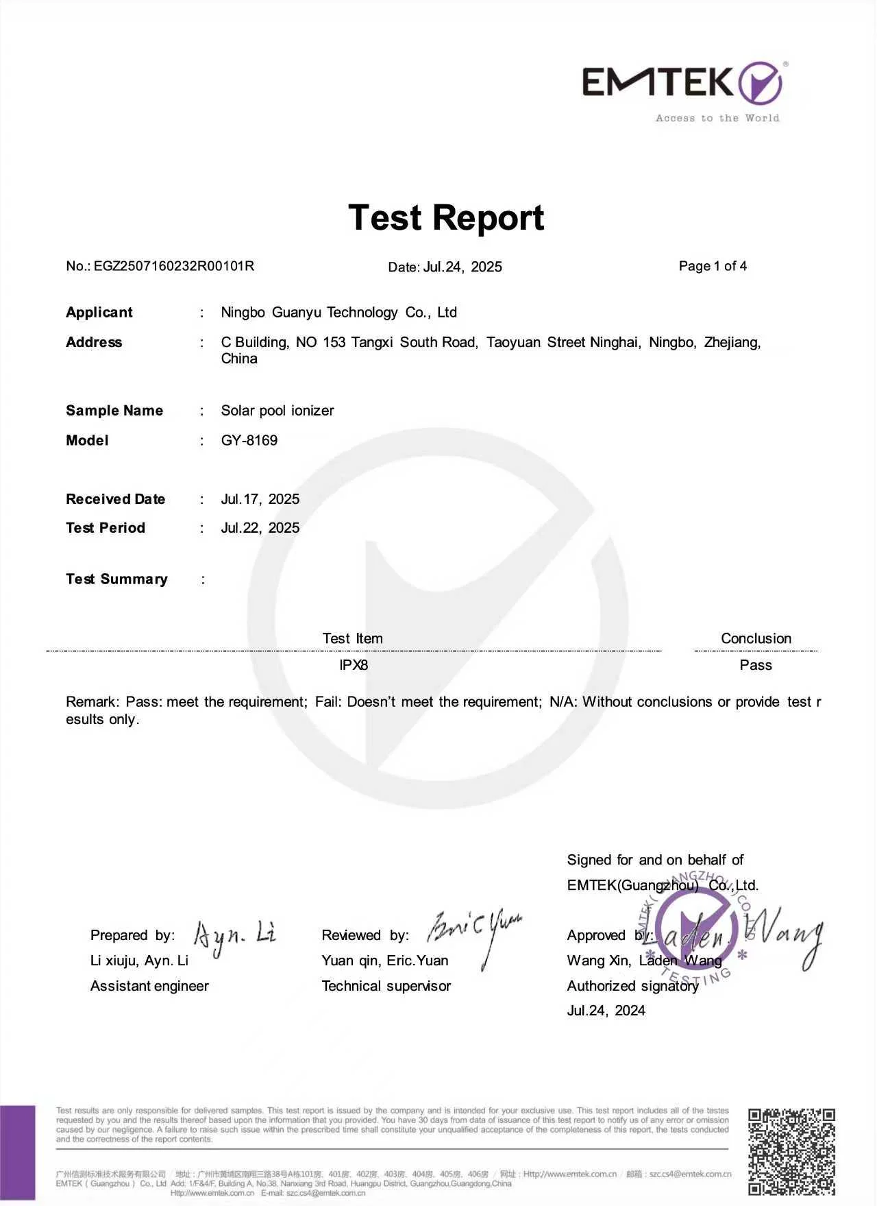 Informe de ensayo IPX8 · EMTEK. Modelo GY-8169. Página 1 de 4.