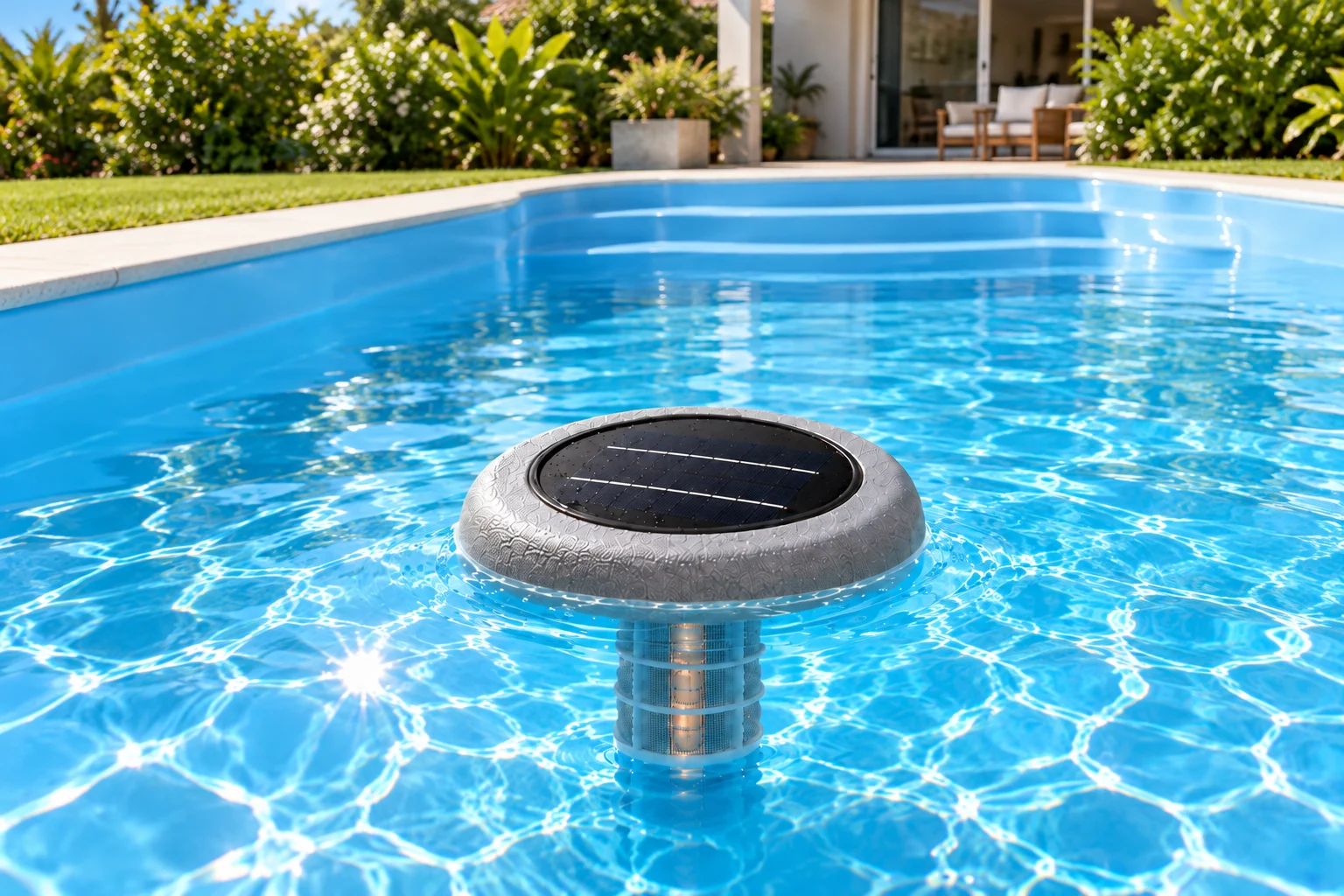 Ionizador solar Marazual gris flotando en una piscina monobloque de fibra de vidrio.